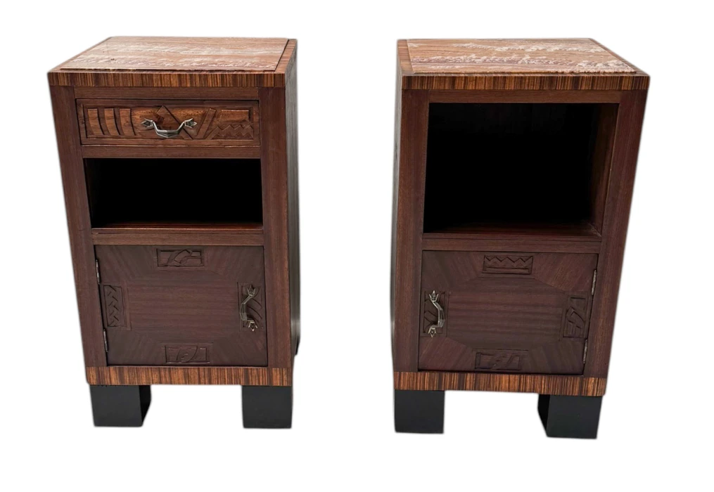Two Art Deco Nightstands or Bedside Tables with Multi-Colored Marble Tops, 1930s